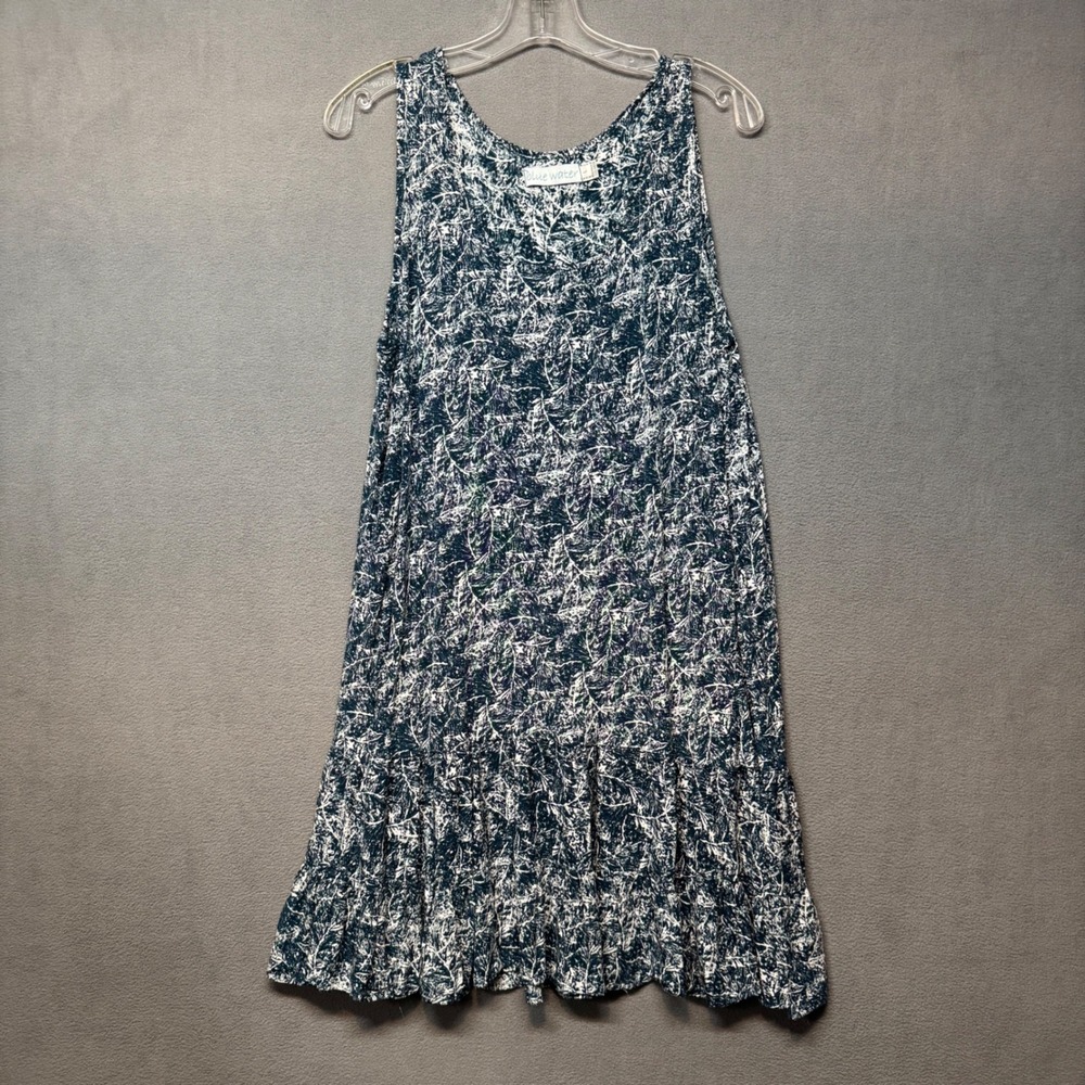 Blue Water Sleeveless Ruffle Hem Shift Dress L Batik Print Resort Wear Beachy